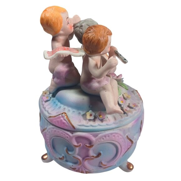 Vintage Norleans Footed Cherub Musi Porcelain Bisque Jewelry Trinket Dresser Box - Picture 8 of 13